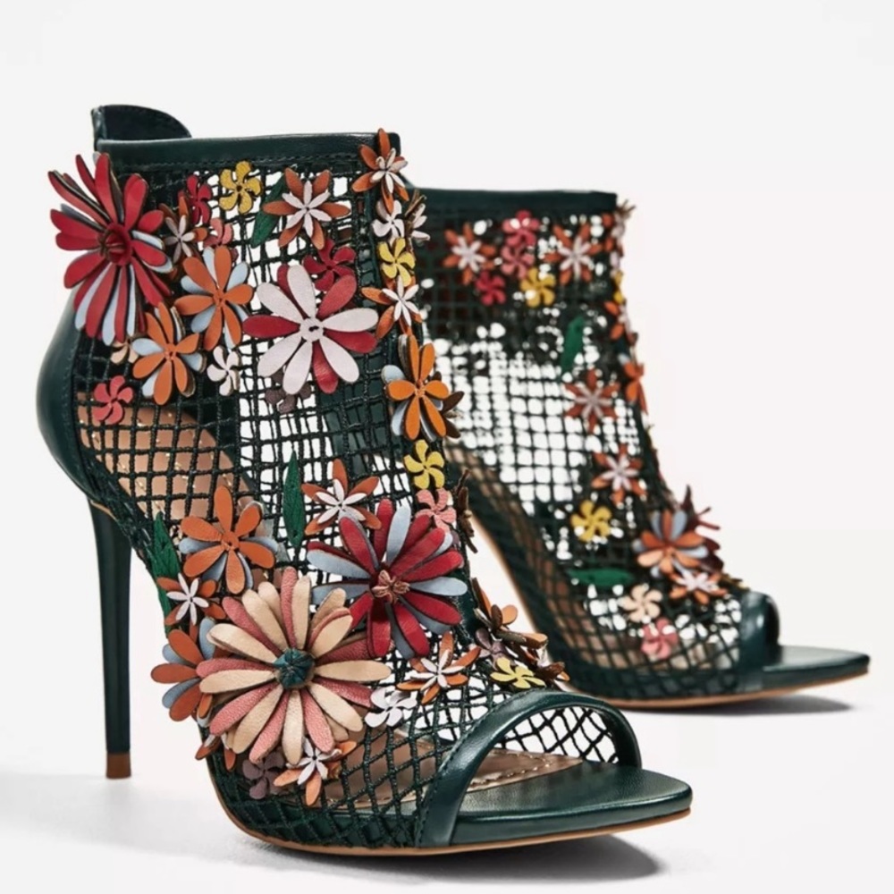 NWOT Zara Green Mesh Floral Bootie